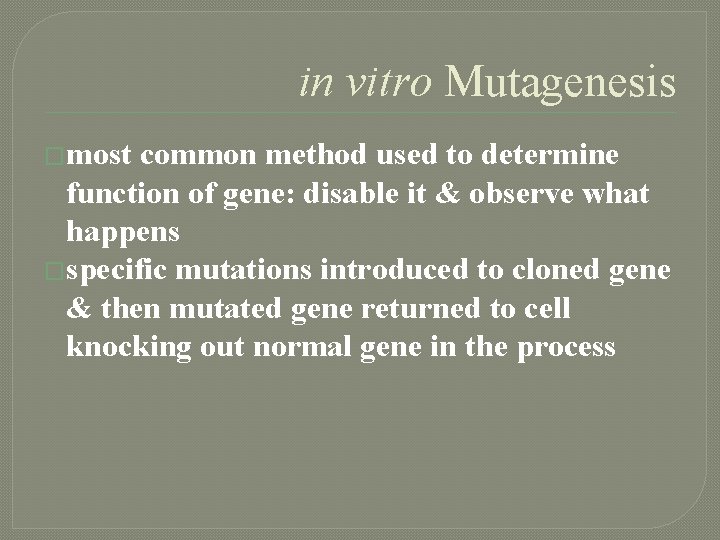 in vitro Mutagenesis �most common method used to determine function of gene: disable it