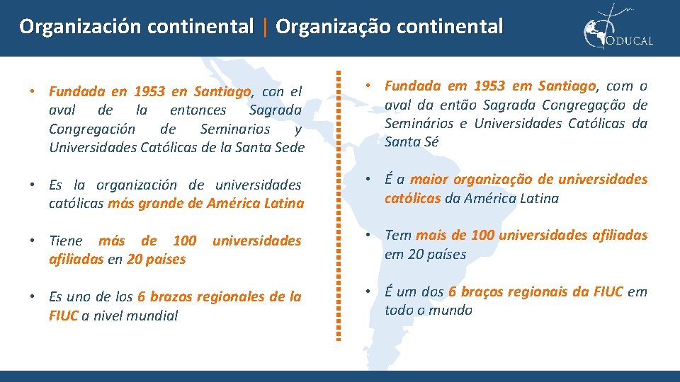 Organización continental | Organização continental • Fundada en 1953 en Santiago, con el aval