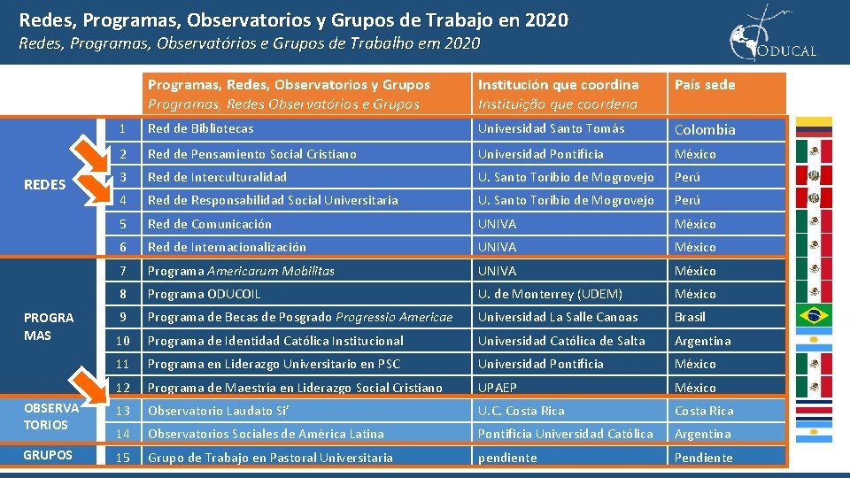 Redes, Programas, Observatorios y Grupos de Trabajo en 2020 Redes, Programas, Observatórios e Grupos