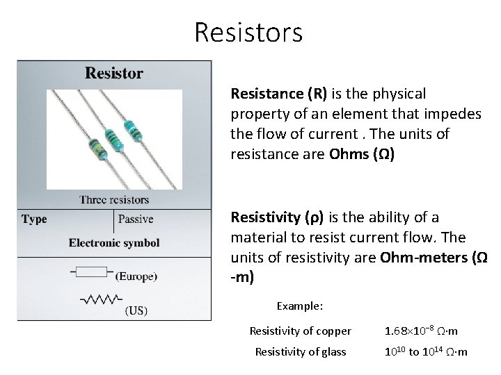 Resistors Resistance (R) is the physical property of an element that impedes the flow