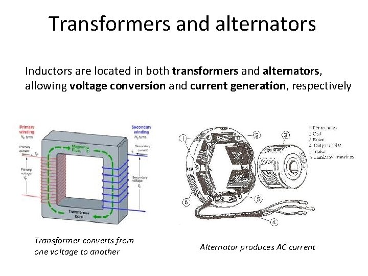 Transformers and alternators Inductors are located in both transformers and alternators, allowing voltage conversion