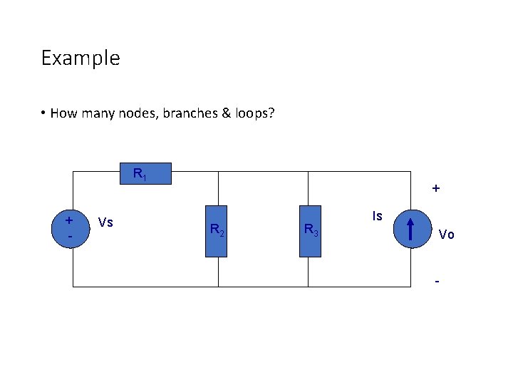 Example • How many nodes, branches & loops? R 1 + - Vs +