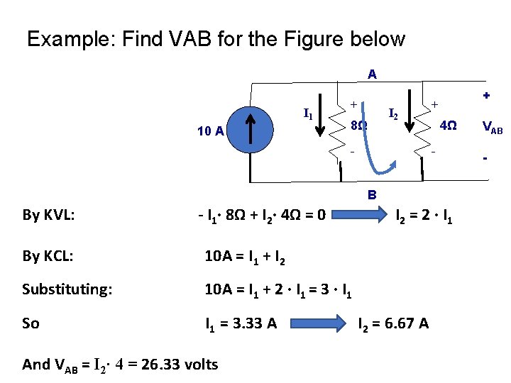 Example: Find VAB for the Figure below A I 1 10 A + 8Ω