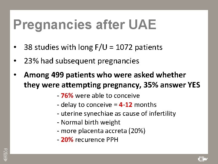 Pregnancies after UAE • 38 studies with long F/U = 1072 patients • 23%