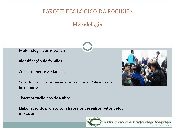 PARQUE ECOLÓGICO DA ROCINHA Metodologia participativa Identificação de famílias Cadastramento de famílias Convite para