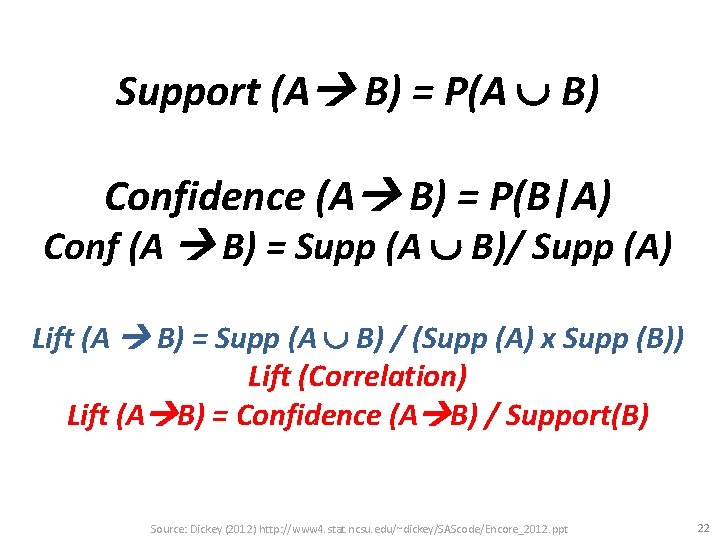 Support (A B) = P(A B) Confidence (A B) = P(B|A) Conf (A B)