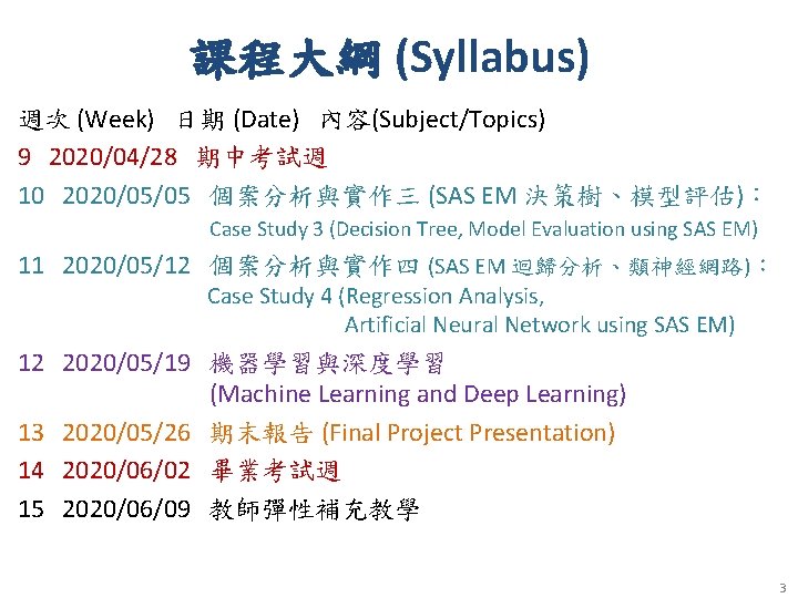 課程大綱 (Syllabus) 週次 (Week) 日期 (Date) 內容(Subject/Topics) 9 2020/04/28 期中考試週 10 2020/05/05 個案分析與實作三 (SAS