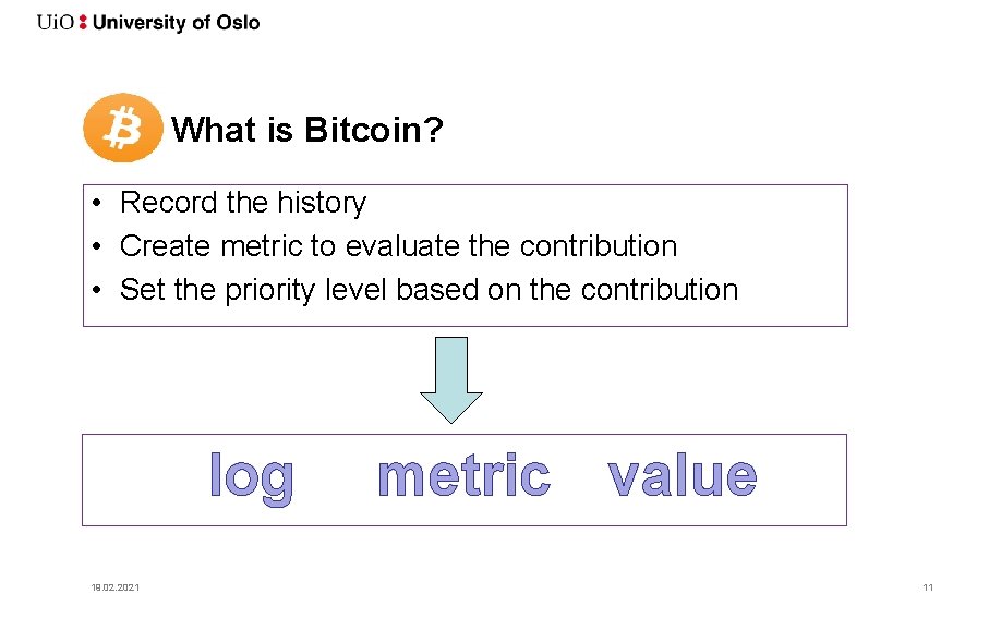 What is Bitcoin? • Record the history • Create metric to evaluate the contribution