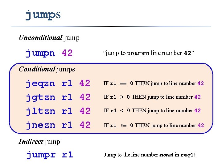 jumps Unconditional jumpn 42 "jump to program line number 42" Conditional jumps jeqzn jgtzn