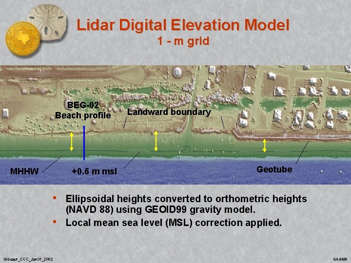 Lidar Digital Elevation Model 1 - m grid BEG-02 Beach profile MHHW +0. 6