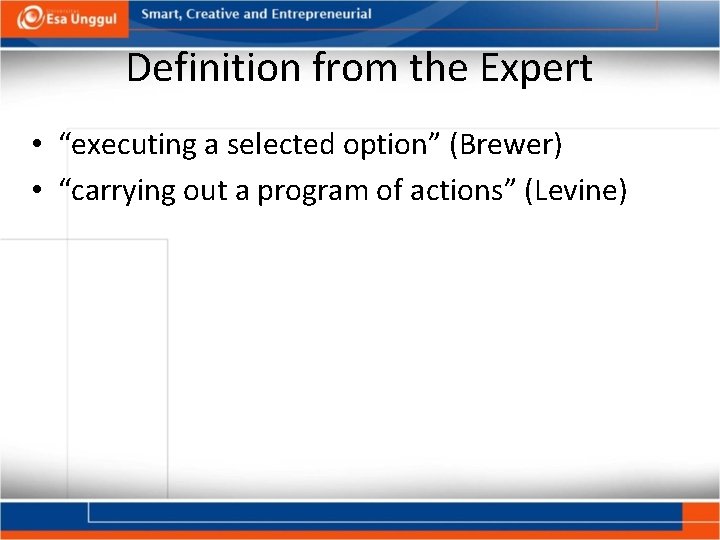 Definition from the Expert • “executing a selected option” (Brewer) • “carrying out a