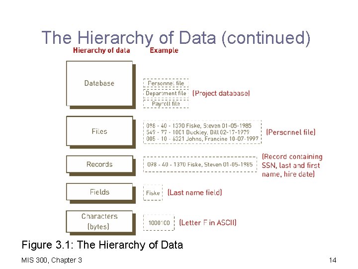 The Hierarchy of Data (continued) Figure 3. 1: The Hierarchy of Data MIS 300,