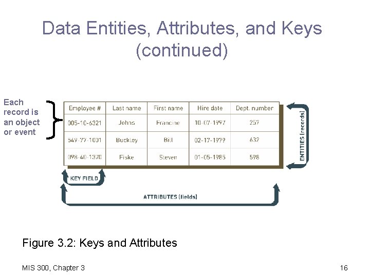 Data Entities, Attributes, and Keys (continued) Each record is an object or event Figure