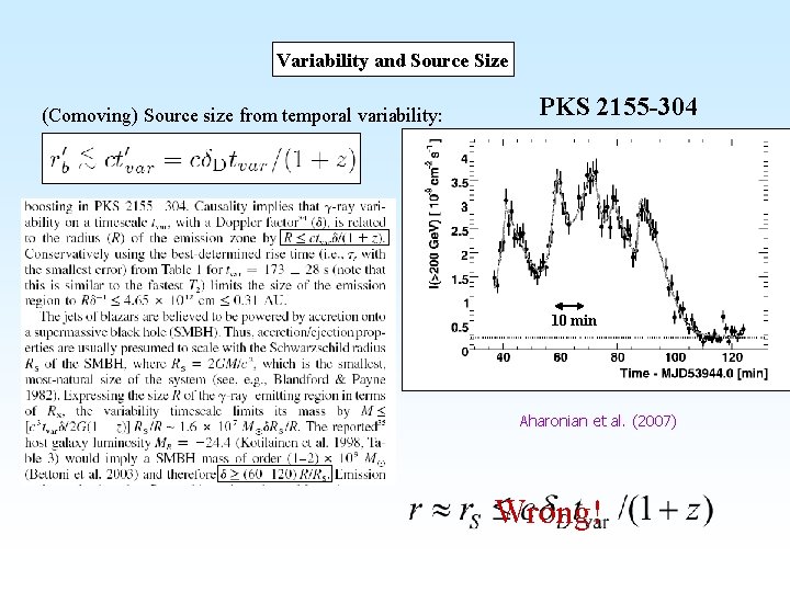 Variability and Source Size (Comoving) Source size from temporal variability: PKS 2155 -304 10