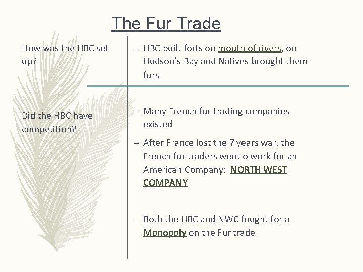 The Fur Trade How was the HBC set up? – HBC built forts on