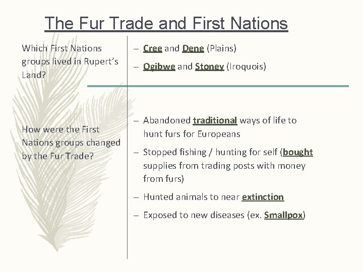 The Fur Trade and First Nations Which First Nations groups lived in Rupert’s Land?