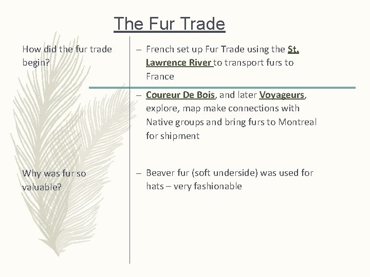 The Fur Trade How did the fur trade begin? – French set up Fur