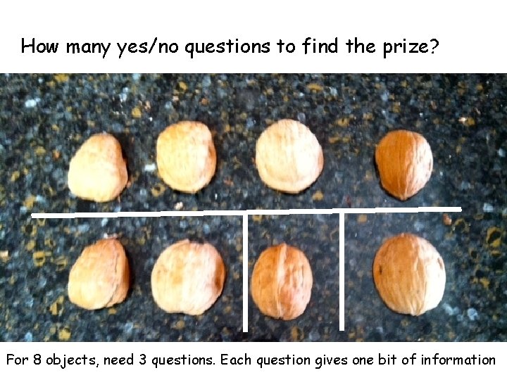 How many yes/no questions to find the prize? For 8 objects, need 3 questions.