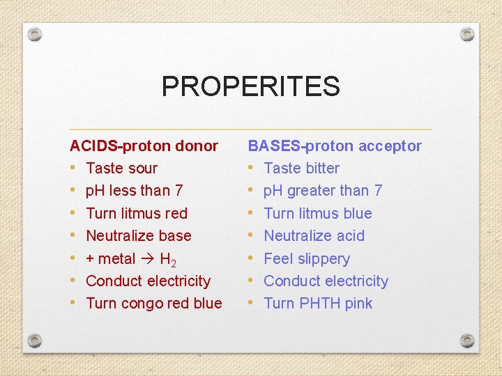 PROPERITES ACIDS-proton donor • Taste sour • p. H less than 7 • Turn