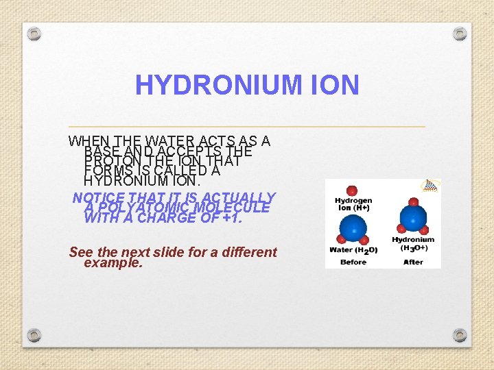 HYDRONIUM ION WHEN THE WATER ACTS AS A BASE AND ACCEPTS THE PROTON THE