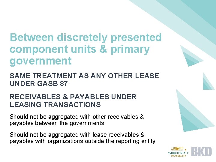Between discretely presented component units & primary government SAME TREATMENT AS ANY OTHER LEASE