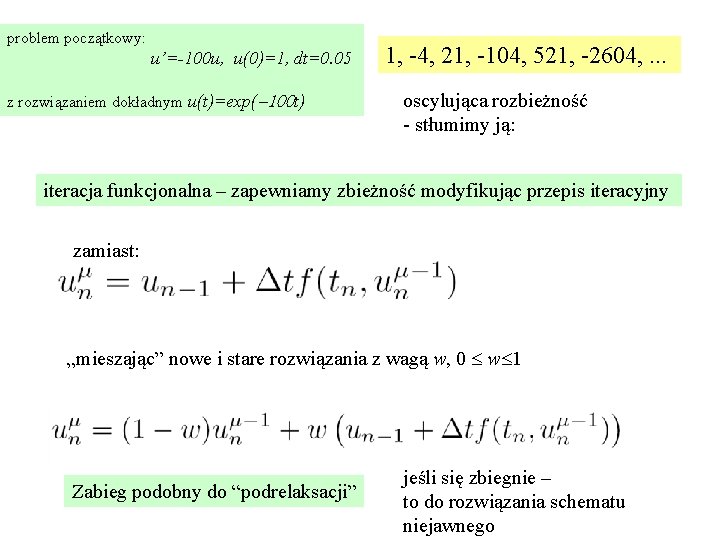 problem początkowy: u’=-100 u, u(0)=1, dt=0. 05 z rozwiązaniem dokładnym u(t)=exp(-100 t) 1, -4,