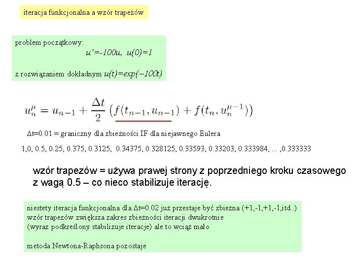 iteracja funkcjonalna a wzór trapezów problem początkowy: u’=-100 u, u(0)=1 z rozwiązaniem dokładnym u(t)=exp(-100