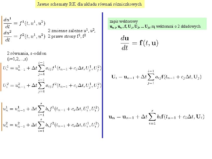 Jawne schematy RK dla układu równań różniczkowych 2 zmienne zależne u 1, u 2,