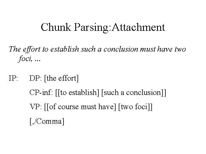 Chunk Parsing: Attachment The effort to establish such a conclusion must have two foci,