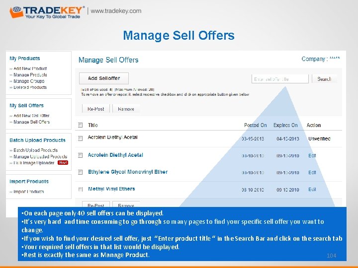 Manage Sell Offers • On each page only 40 sell offers can be displayed.