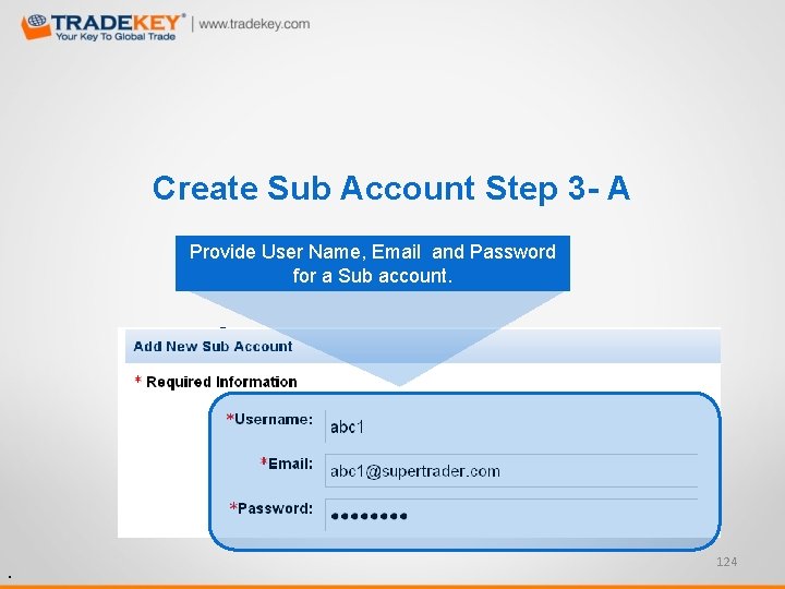 Create Sub Account Step 3 - A Provide User Name, Email and Password for