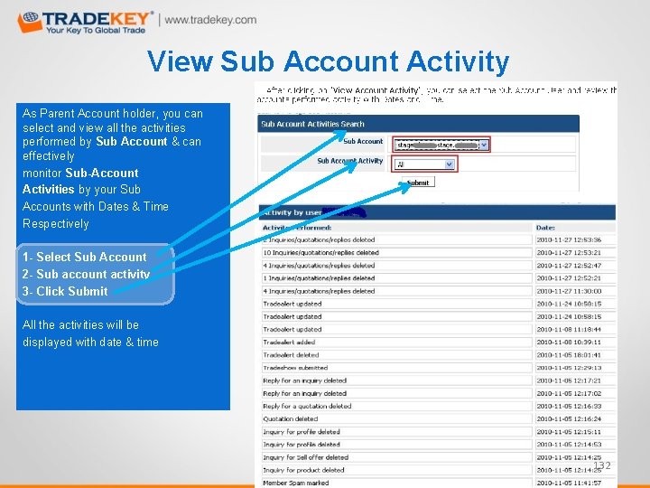 View Sub Account Activity As Parent Account holder, you can select and view all