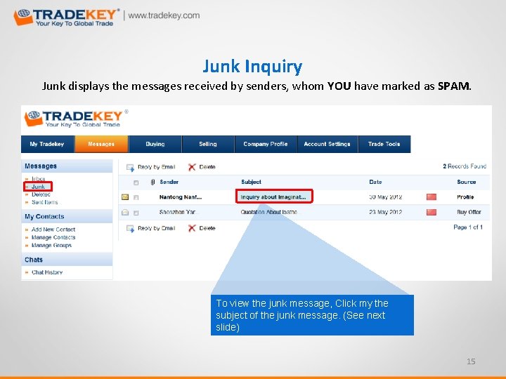 Junk Inquiry Junk displays the messages received by senders, whom YOU have marked as