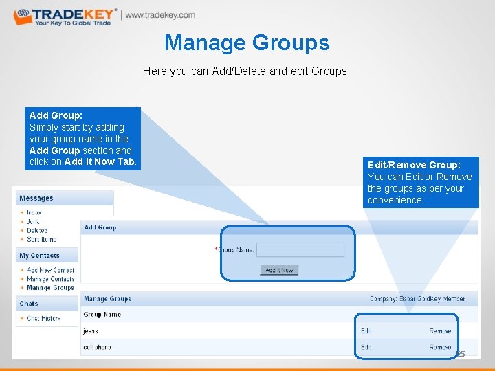 Manage Groups Here you can Add/Delete and edit Groups Add Group: Simply start by