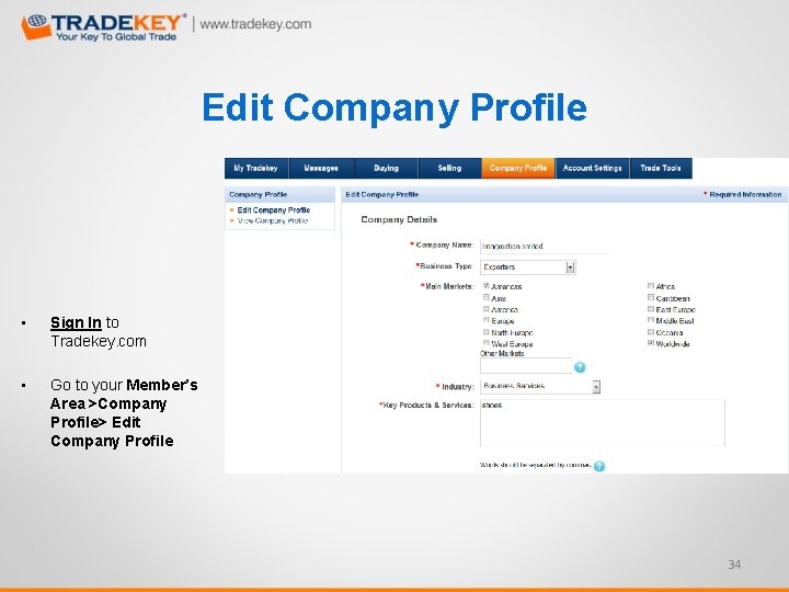 Edit Company Profile • Sign In to Tradekey. com • Go to your Member’s