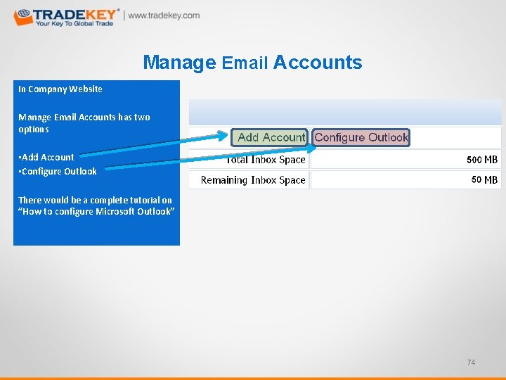 Manage Email Accounts In Company Website Manage Email Accounts has two options • Add
