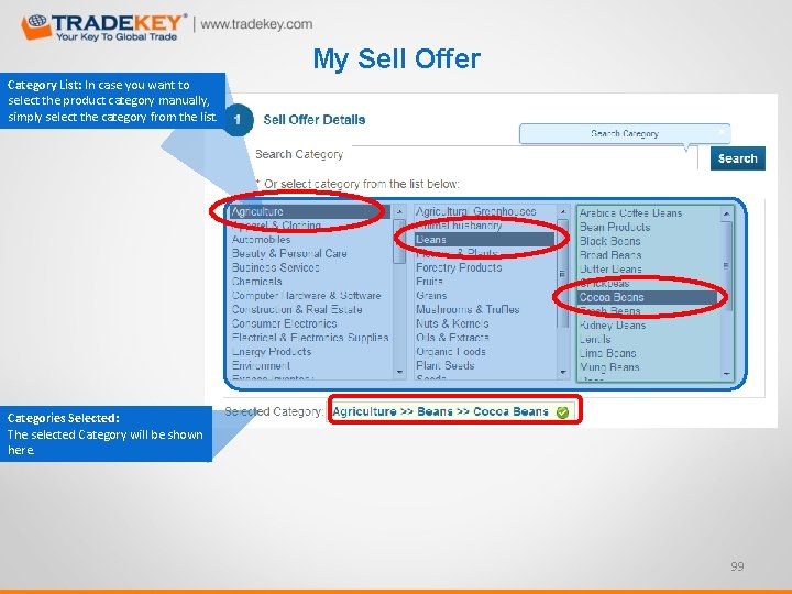 My Sell Offer Category List: In case you want to select the product category