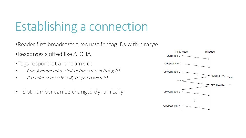 Establishing a connection • Reader first broadcasts a request for tag IDs within range