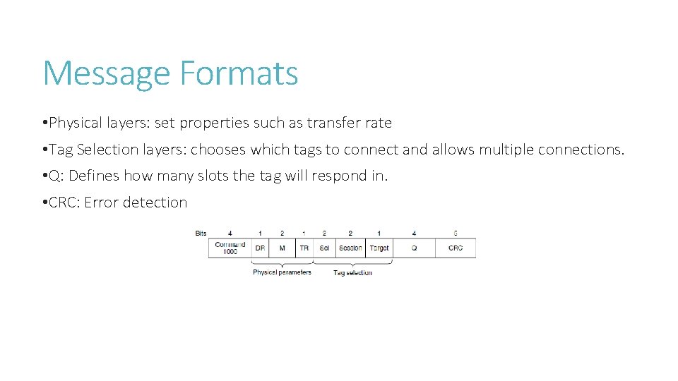 Message Formats • Physical layers: set properties such as transfer rate • Tag Selection