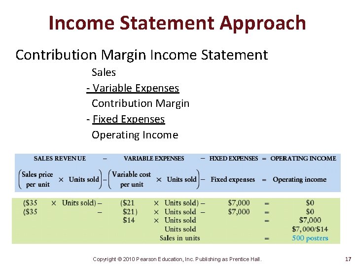 Income Statement Approach Contribution Margin Income Statement Sales - Variable Expenses Contribution Margin -