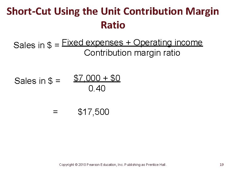Short-Cut Using the Unit Contribution Margin Ratio Sales in $ = Fixed expenses +