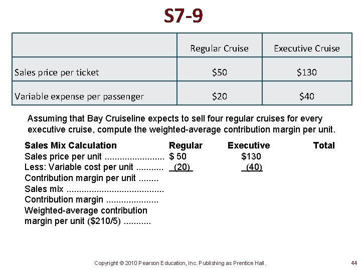 S 7 -9 Regular Cruise Executive Cruise Sales price per ticket $50 $130 Variable