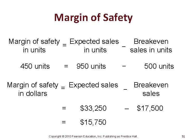 Margin of Safety Margin of safety Expected sales Breakeven = − sales in units
