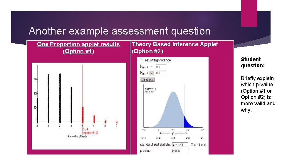 Another example assessment question One Proportion applet results (Option #1) Theory Based Inference Applet