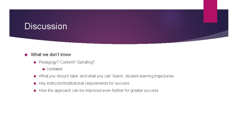 Discussion What we don’t know Pedagogy? Content? Spiraling? Conflated! What you should ‘take’ and