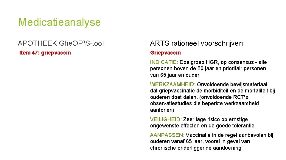 Medicatieanalyse APOTHEEK Ghe. OP³S-tool ARTS rationeel voorschrijven Item 47: griepvaccin Griepvaccin INDICATIE: Doelgroep HGR,