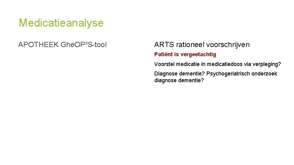 Medicatieanalyse APOTHEEK Ghe. OP³S-tool ARTS rationeel voorschrijven Patiënt is vergeetachtig Voorstel medicatie in medicatiedoos