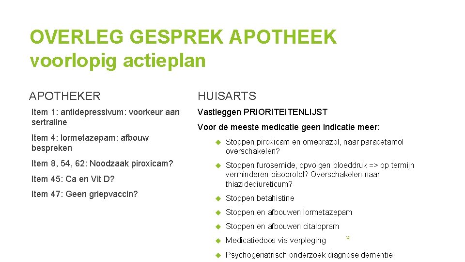 OVERLEG GESPREK APOTHEEK voorlopig actieplan APOTHEKER HUISARTS Item 1: antidepressivum: voorkeur aan sertraline Vastleggen