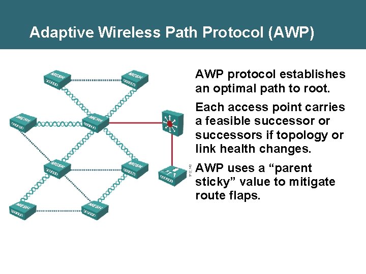Adaptive Wireless Path Protocol (AWP) AWP protocol establishes an optimal path to root. Each Adaptive Wireless Path Protocol (AWP) AWP protocol establishes an optimal path to root. Each