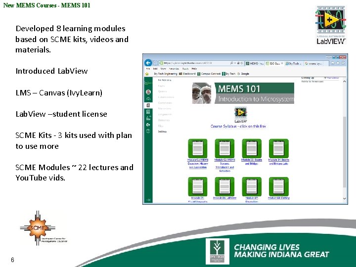 New MEMS Courses - MEMS 101 Developed 8 learning modules based on SCME kits,
